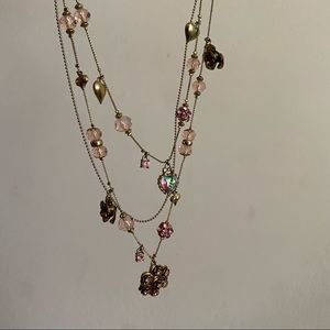 Betsey Johnson Layered Dark Gold Tone Necklace with Heart and Flower Charms